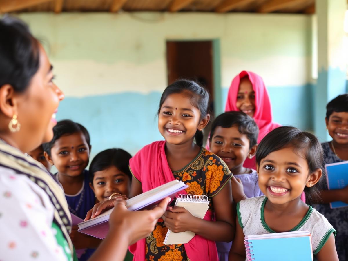 Children receiving notebooks and supplies